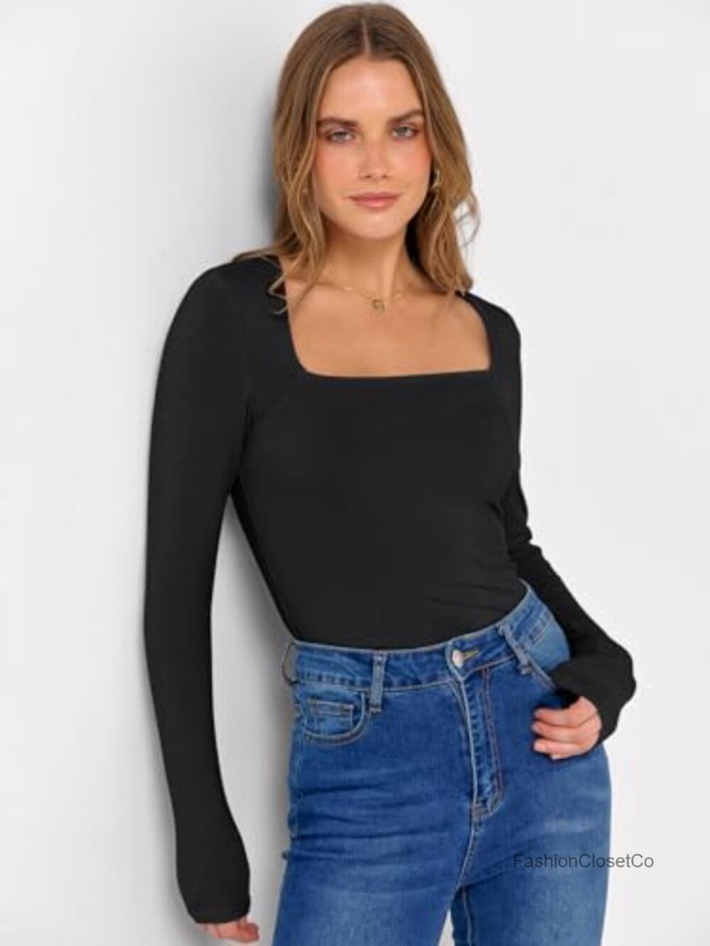 Long Sleeve Square Neck Ribbed Skinny Fit Top Women's Pullover - Picture 5 of 6